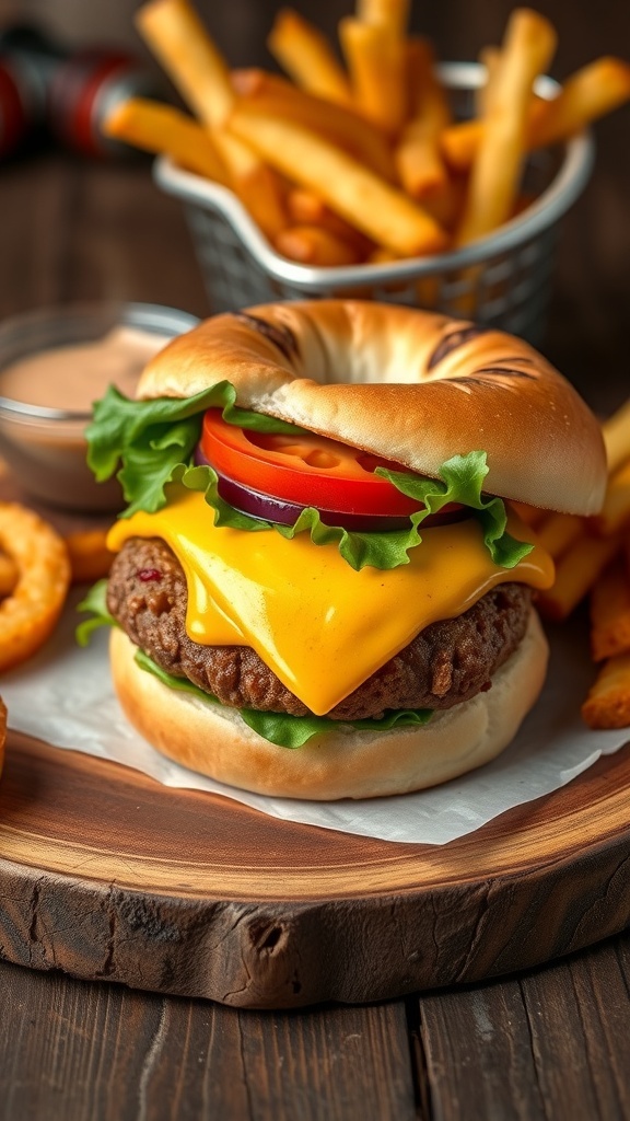 A savory bagel burger with beef patty, cheese, lettuce, and tomato on a wooden table with fries.